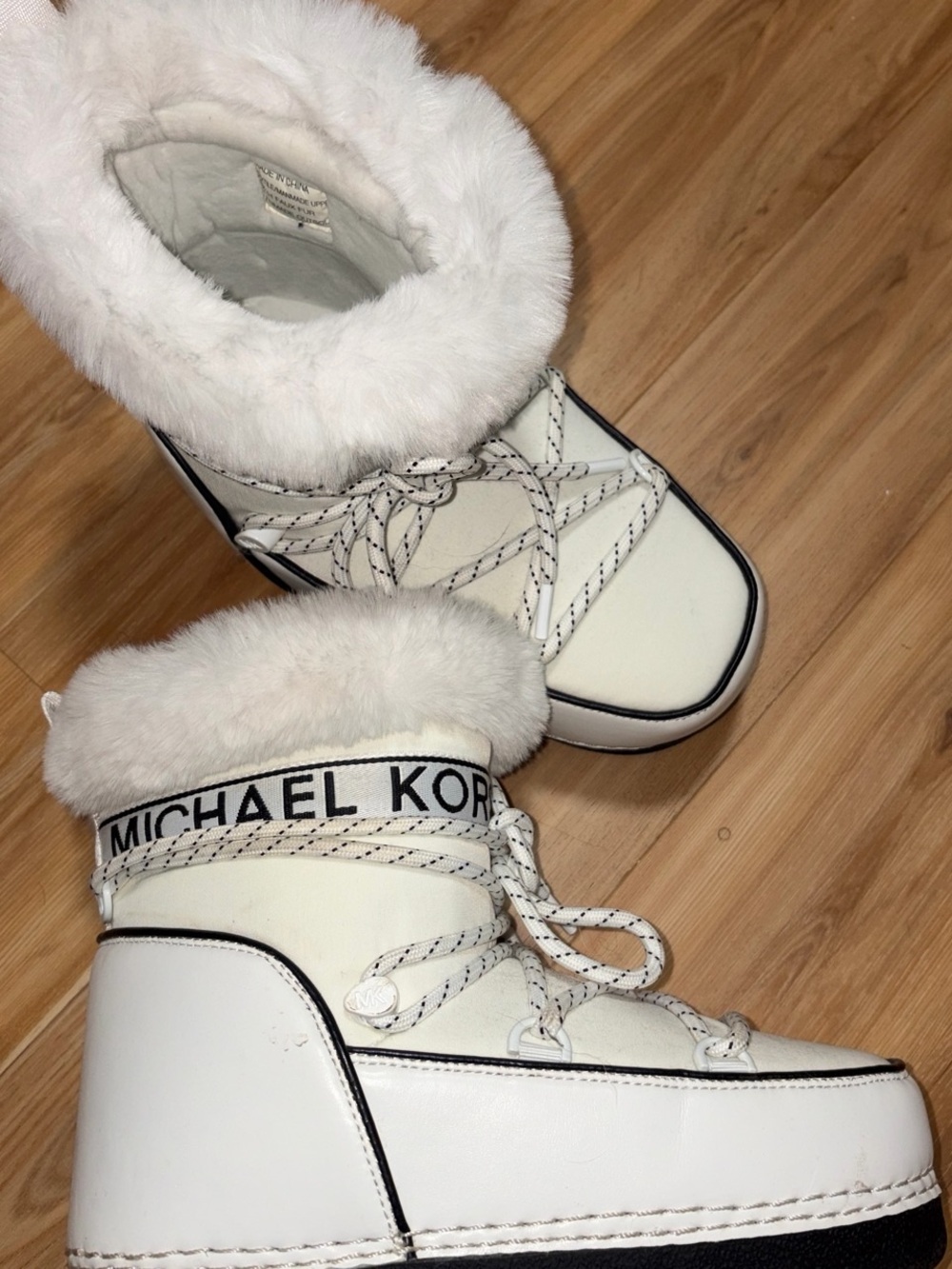 Michael Kors White Faux-Fur Lace-Up Winter Boot with Black Trim